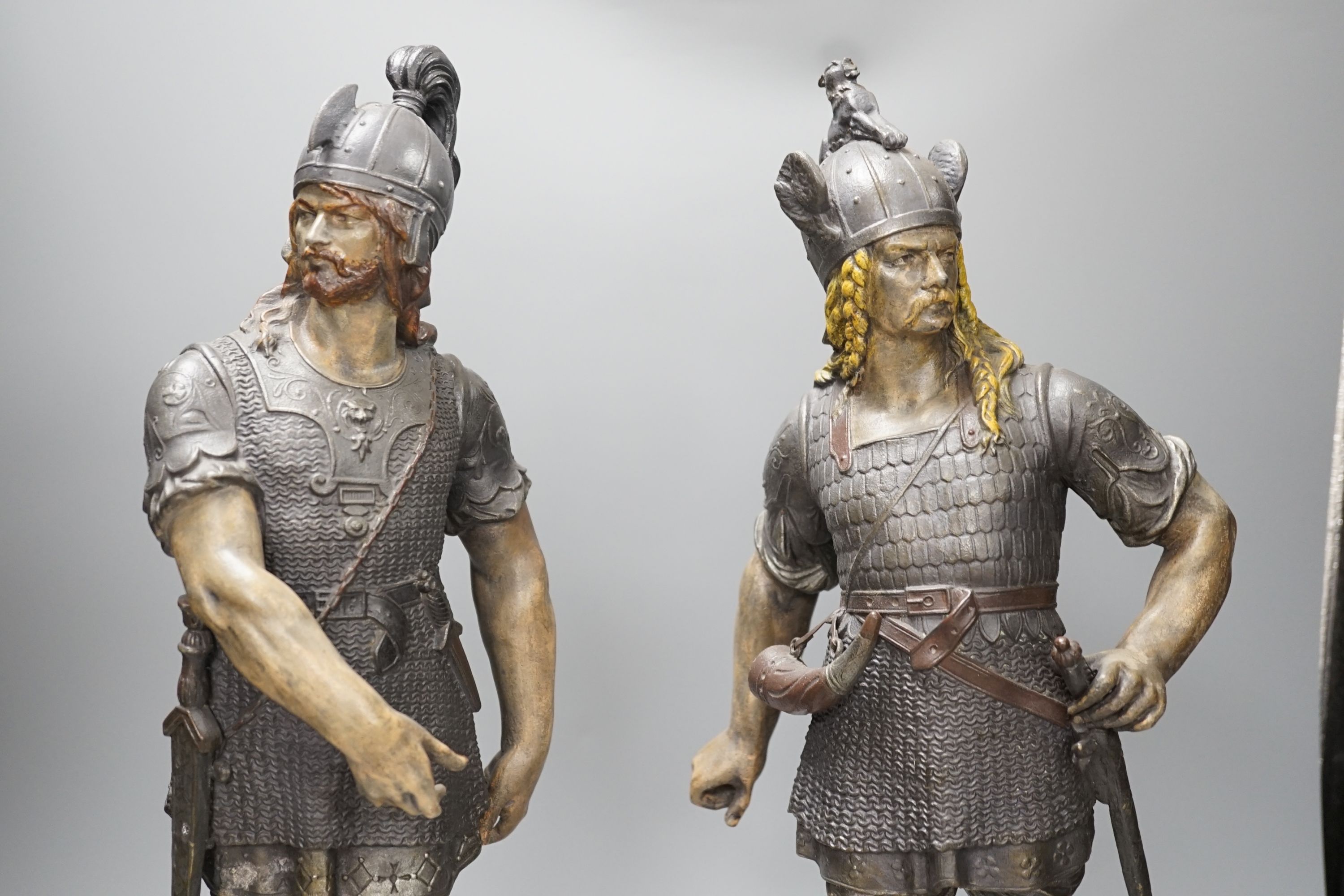 A pair of spelter figures of warriors - 54cm high